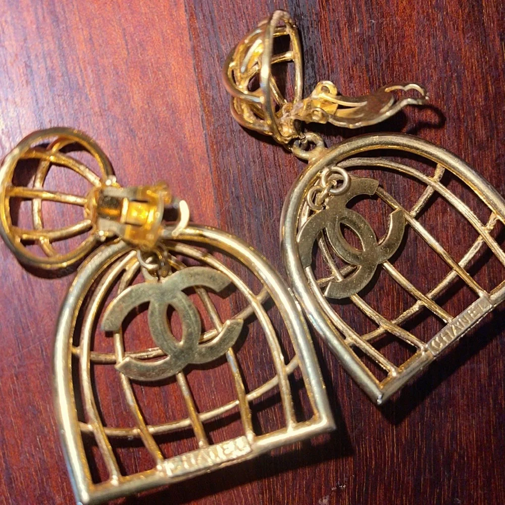 Chanel Large Birdcage 1990’s Gold Earrings with Box CC Vintage Iconic